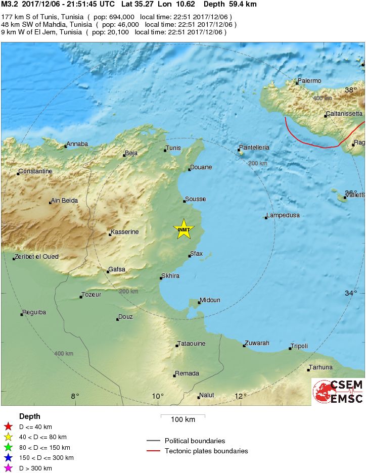 Leichtes Erdbeben bei El Jem im Gouvernorat Mahdia (M3,2)