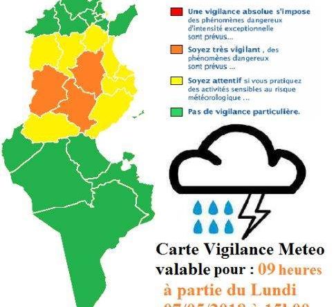 Warnung vor Gewittern und Hagel in der Mitte Tunesiens ab Mo., 7. Mai 2018, 15 Uhr