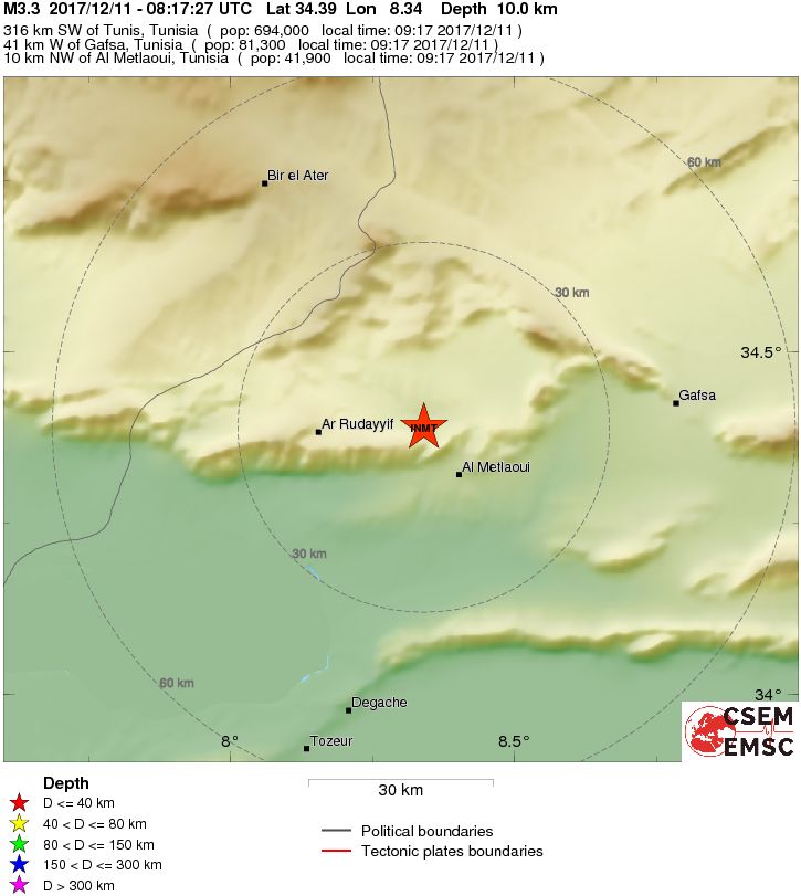 Leichtes Erdbeben bei Al Metlaoui westlich von Gafsa (M3,3)