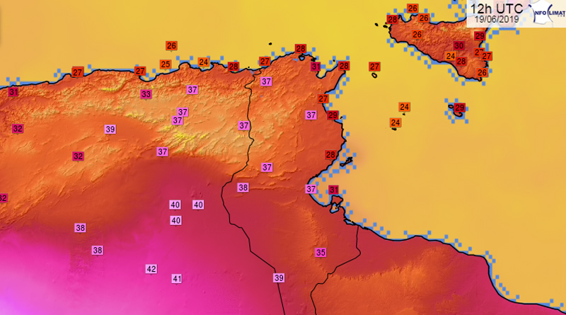 Temperaturen in und um Tunesien am Mittwoch, den 19. Juni 2019, 13.00 Uhr