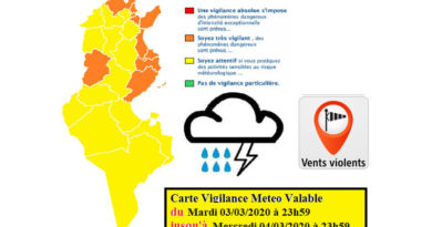 Warnung vor starkem Regen und starken Winden in der Nordhälfte von Tunesien - (3./4. März 2020)