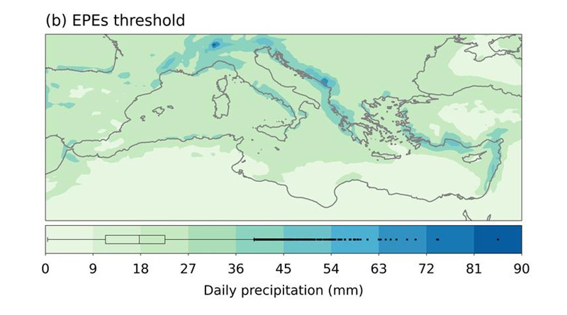 Abbildung: (a) Orographie der untersuchten Gebiete (b) Intensität der Regenfälle - Mastrantonas et al, 2020