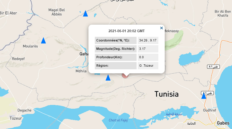 1 Juni 2021: Erdbeben bei Belkhir im Gouvernorat Gafsa [M3.17]