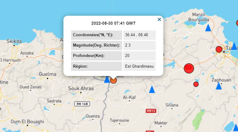 30 Aug 2022: Erdbeben nahe Ghardimaou im Gouvernorat Jendouba [M2.3]