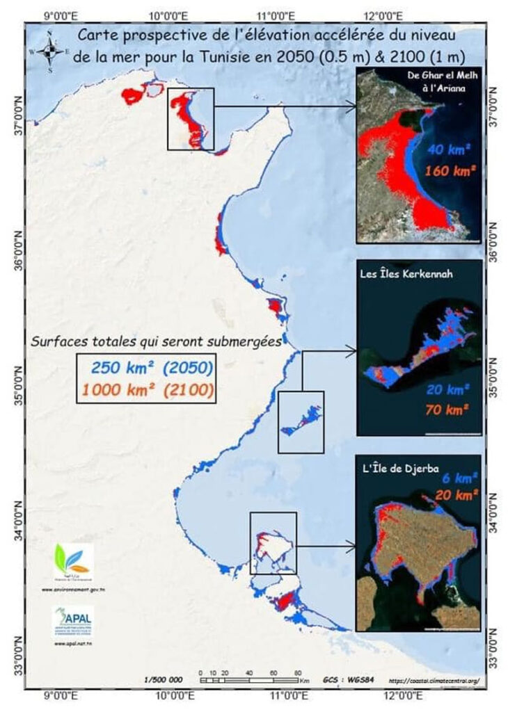 Anstieg des Meeresspiegels in Tunesien bis 2050 (250km2) und 2100 (1.000km2). Grafik APAL via Hamdi Hached