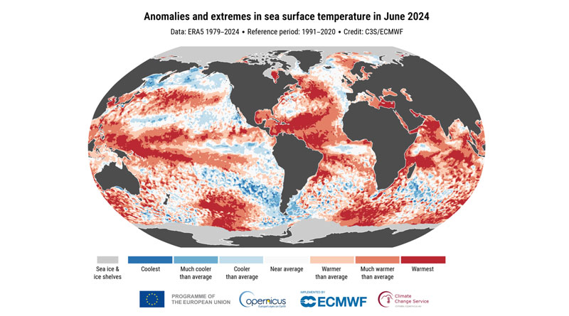 Anomalien und Extremwerte der Meeresoberflächentemperatur für Juni 2024. Die Farbkategorien beziehen sich auf die Perzentile der Temperaturverteilungen für den Bezugszeitraum 1991-2020. Die Kategorien der Extreme ("Kälteste" und "Wärmste") basieren auf den Ranglisten für den Zeitraum 1979-2024. Die Werte werden nur für die eisfreien Ozeane berechnet. Gebiete, die im Juni 2024 mit Meereis und Schelfeis bedeckt sind, sind in hellgrau dargestellt. Datenquelle: ERA5. Kredit: Copernicus Climate Change Service/ECMWF.