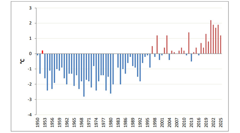Abweichung von der Norm 1991–2020 der Mindesttemperaturen im Sommer von 1950 bis 2025