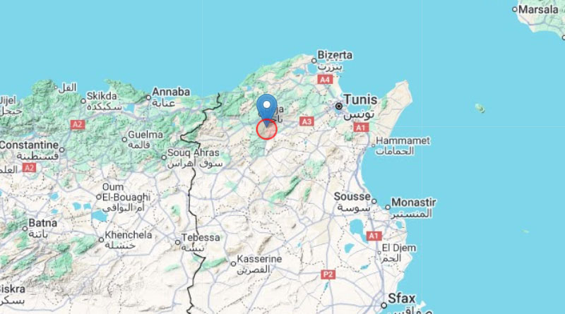5. Jan 2026: Mittelstarkes Erdbeben 17 km südlich von Béjà, Gouvernorat Béjà [M4.1]