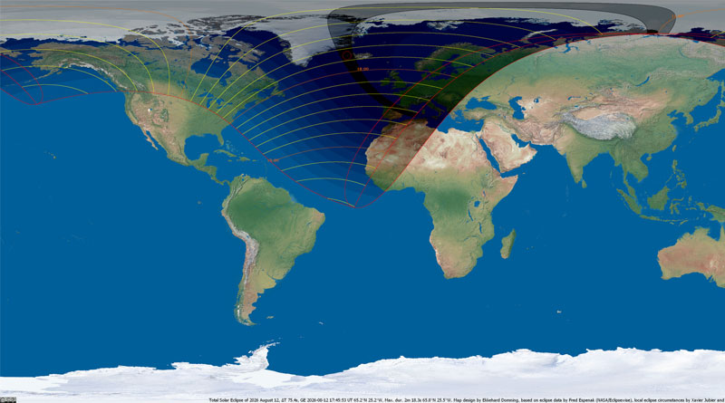 Sonnenfinsternis am 12. August 2026 - Bild: Von Ekkehard Domning - Eigenes Werk Map design by Ekkehard Domning, based on eclipse data by Fred Espenak (NASA/Eclipsewise), local eclipse circumstances by Xavier Jubier and "Natural Earth III" maps by Tom Patterson, CC BY-SA 4.0, https://commons.wikimedia.org/w/index.php?curid=45428350