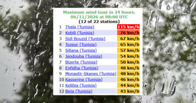Niederschläge Tunesien bis Do, 11. Juni 2026 - 38 mm Regen und 115 km/h Wind in Thala
