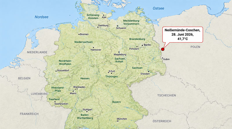 Neuer Allzeit-Höchstwert der Temperatur in Coschen, Deutschland am dritten Tag in Folge