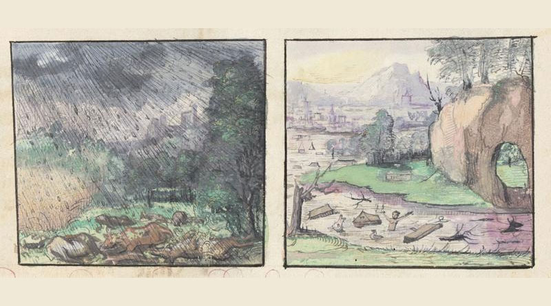 Europa: Die vergessenen Hochwasser-Katastrophen von 1342 und 1343 - Darstellung von extremen Niederschlägen und Hochwassern des 13. Jahrhunderts im „Ehrenspiegel“ des Jakob Fugger. Quelle: BSB München, CGM 895, Copyright: Public Domain Mark 1.0 Universal