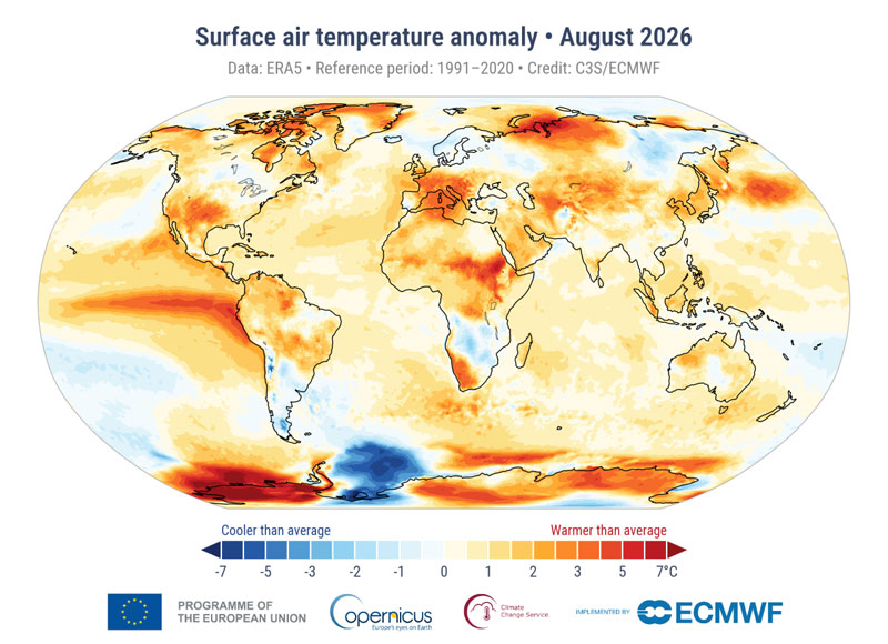 Anomalie der bodennahen Lufttemperatur im August 2026 im Vergleich zum August-Durchschnitt des Zeitraums 1991–2020. Datenquelle: ERA5. Bildnachweis: C3S/ECMWF.