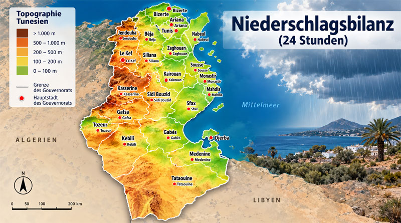Niederschlagsmengen. Niederschlagsbilanz Tunesien. 24 Stunden